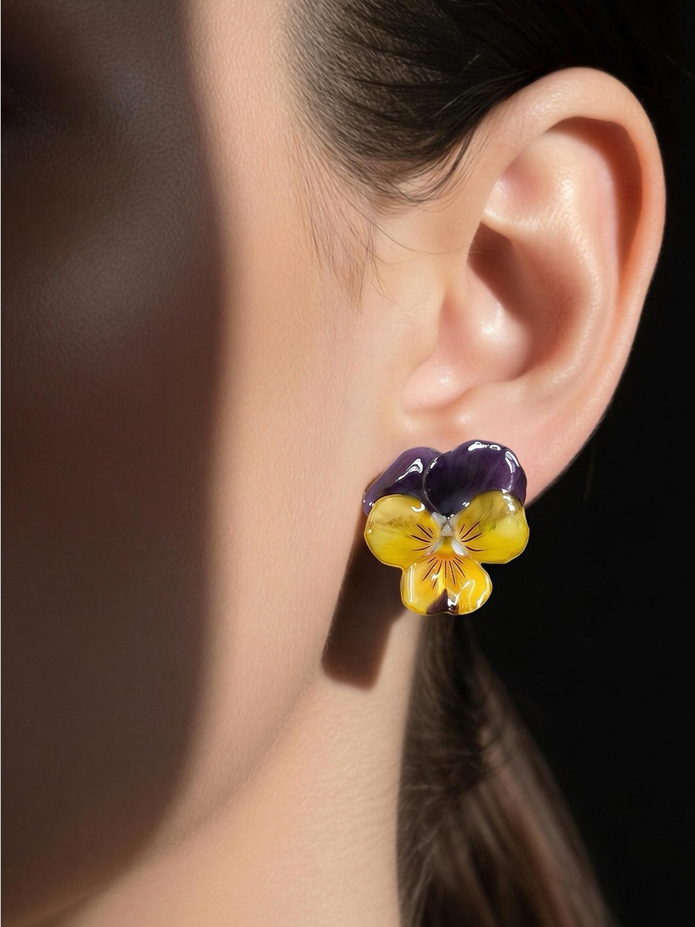 Hand-pick real  Purple and Yellow Pansy Stud Earrings - Women Jewelry
